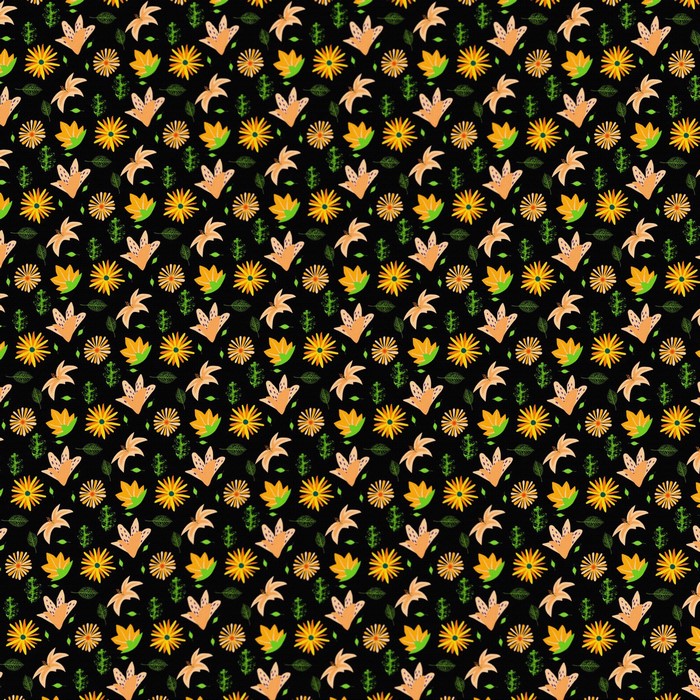 Seamless floral pattern with orange and yellow flowers on black background