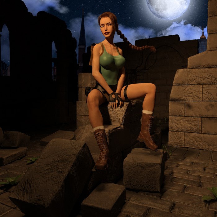 Lara Croft from Tomb Raider sitting in ruins at night
