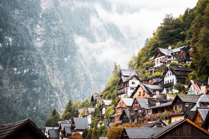 Hallstatt Village in Austrian Mountains with Fog