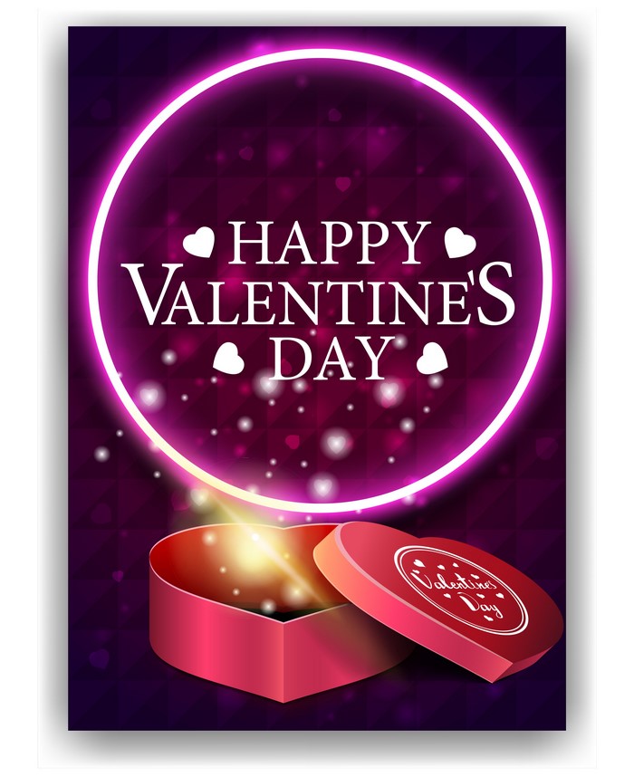 Happy Valentine's Day heart gift box with glowing light