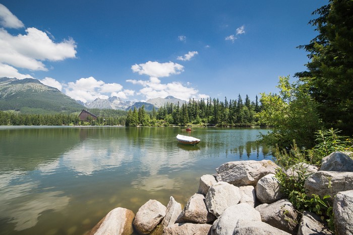 4K Lake with Boats and Tatras Mountains in Slovakia
