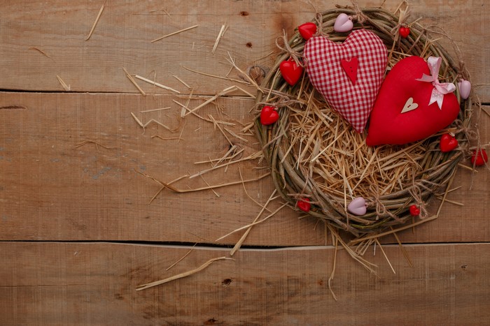 Valentine's Day Nest with Hearts on Wood