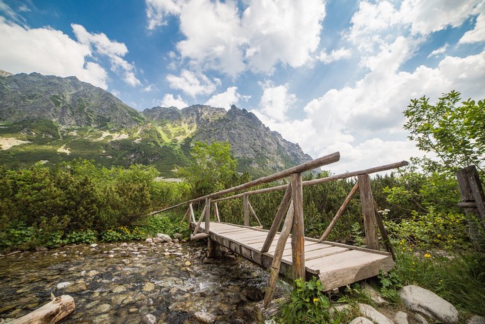 Wooden bridge over a river in Tatras Mountains, Slovakia