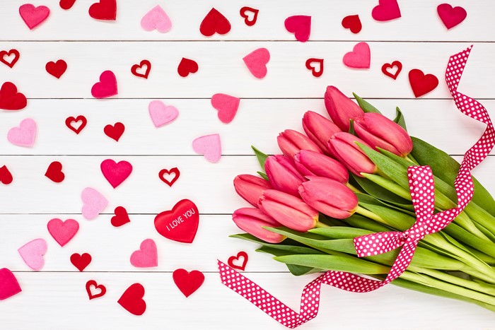 Pink Tulips Bouquet with Hearts and Ribbon
