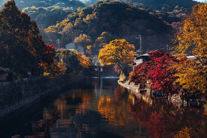 4K Arashiyama Canal in Kyoto, Japan during Autumn