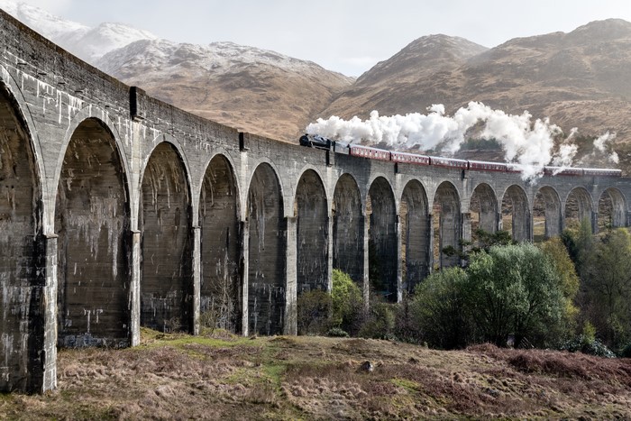 Glenfinnan Viaduct with Steam Train in Scotland 4K