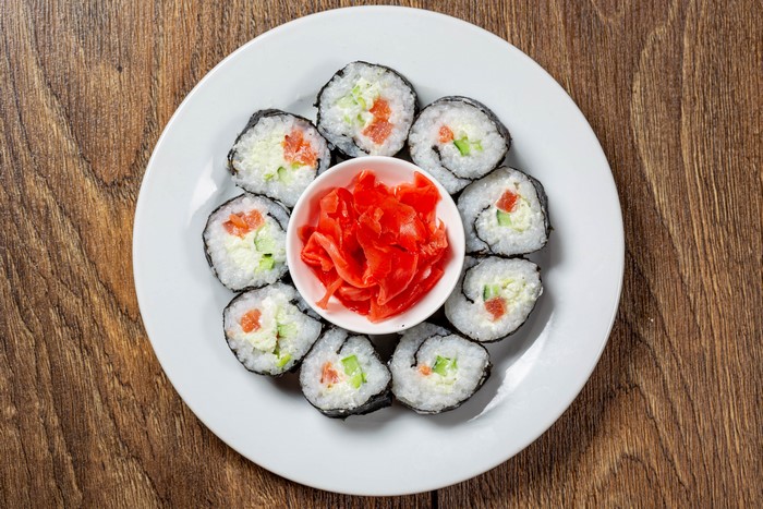 Sushi with ginger on a plate