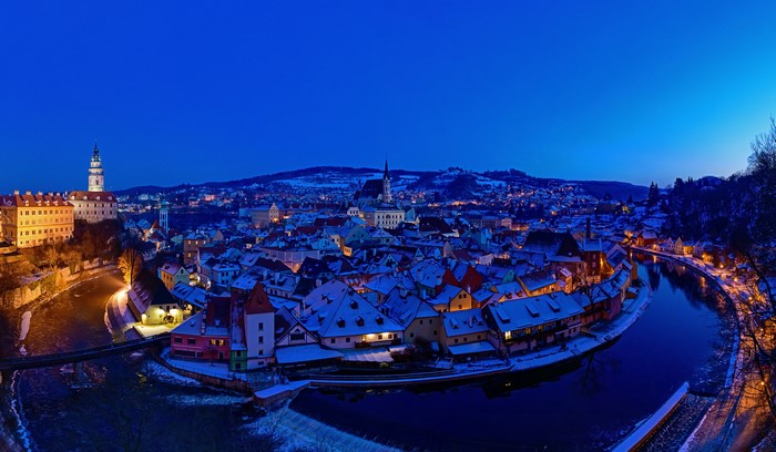 Cesky Krumlov castle and town at night in winter