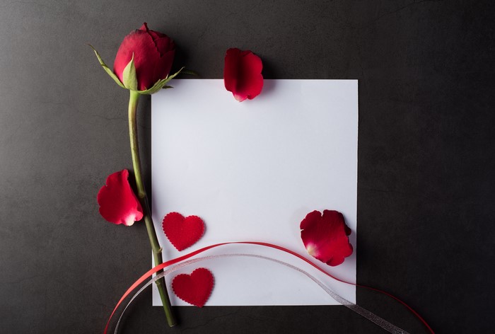 Red rose with petals and hearts on gray background