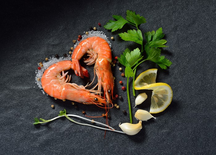 Shrimp, Lemons, Garlic, and Spices Arranged in a Heart Shape