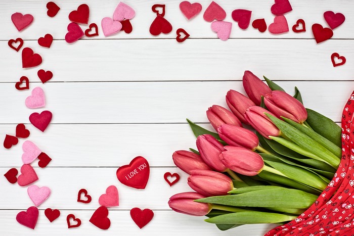 Pink Tulips and Hearts on Wood Planks