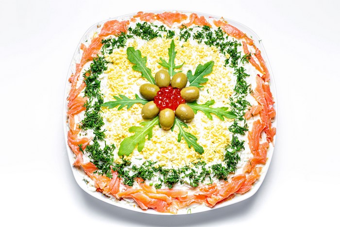 Salmon and Olive Salad with Caviar Decoration