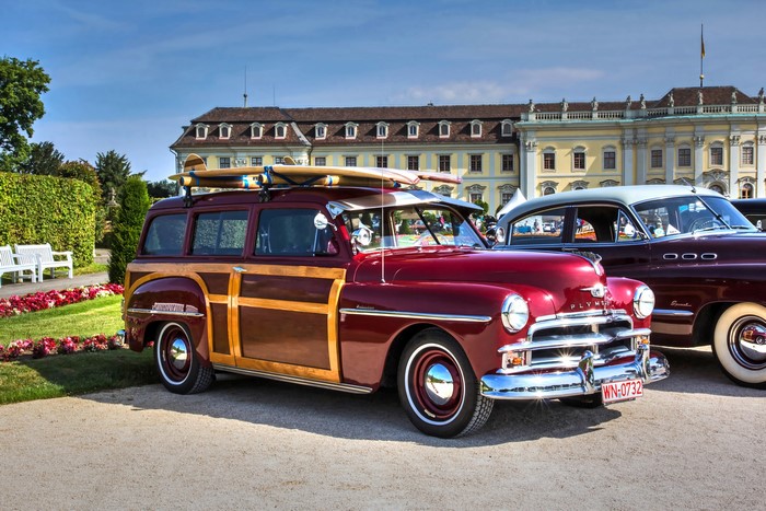 1950 Plymouth Woody Wagon with Surfboards