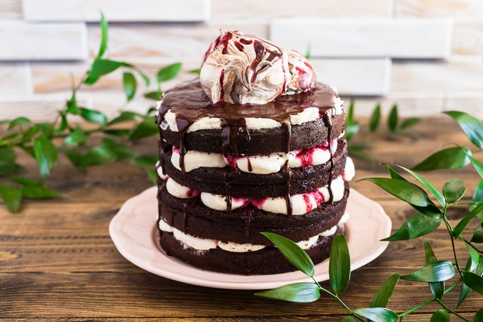 Chocolate naked cake with meringue topping