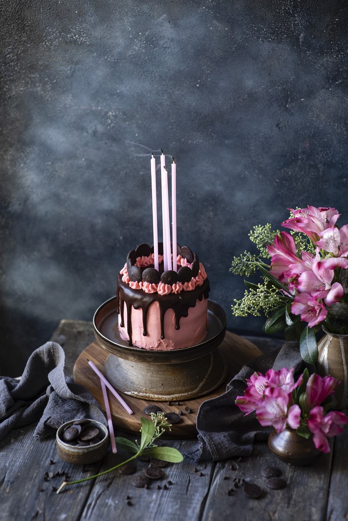 Pink Chocolate Drip Cake with Smoked Candles