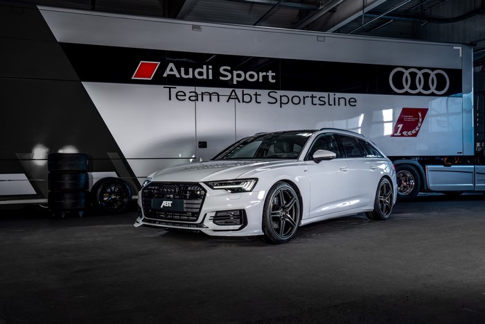 White ABT Audi A6 Avant with Audi Sport Trailer