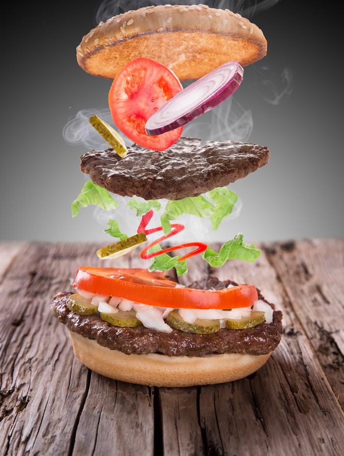 Deconstructed Hamburger with Flying Ingredients