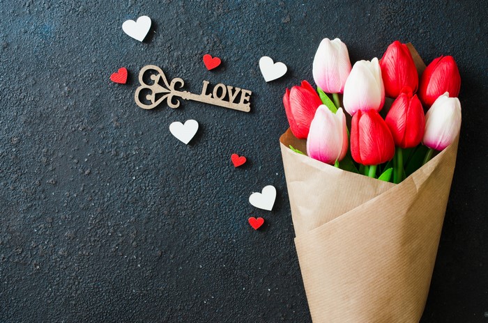 Bouquet of Tulips with Love Key and Hearts
