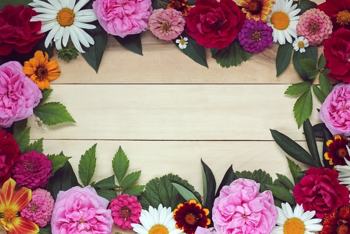 Floral arrangement on wood planks