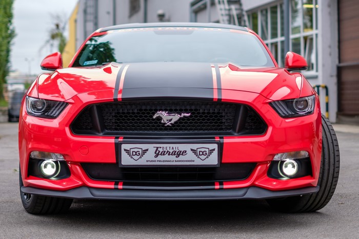 Red Ford Mustang with Black Stripes