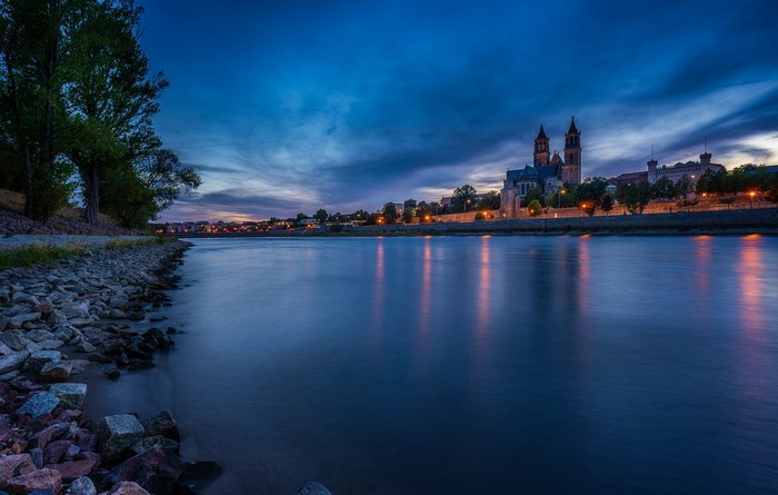 Magdeburg Cathedral and Elbe River at Dusk