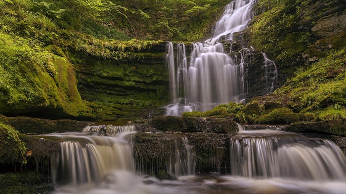 Mossy rocks and a cascading waterfall in a forest