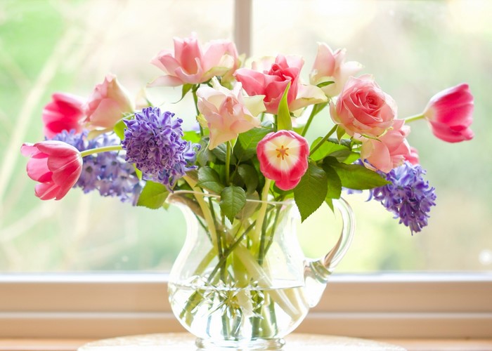 Bouquet of Roses, Tulips, and Hyacinths in a Jug