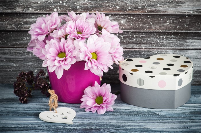 Pink Chrysanthemums in a Vase with a Heart Gift Box