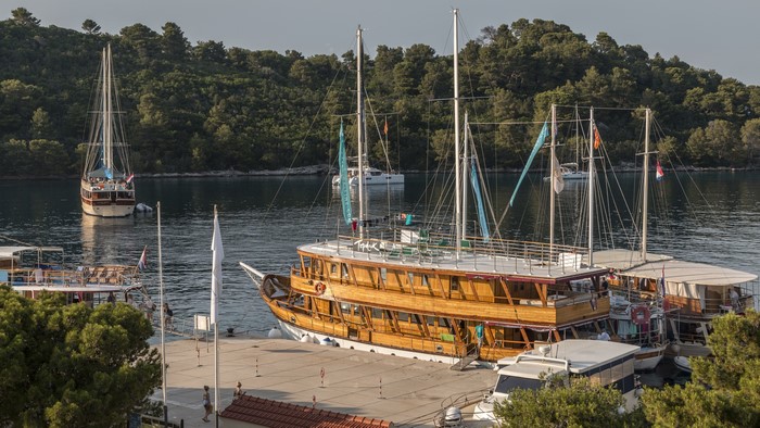 Wooden boats docked in a bay with forested hills