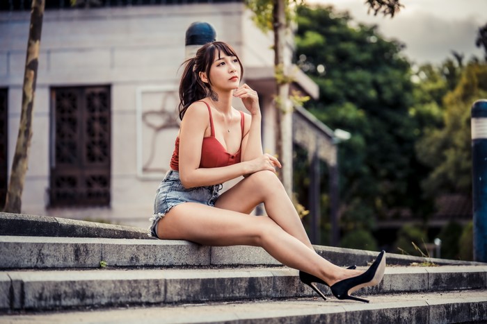 4K Asian Woman Sitting in Stilettos and Shorts