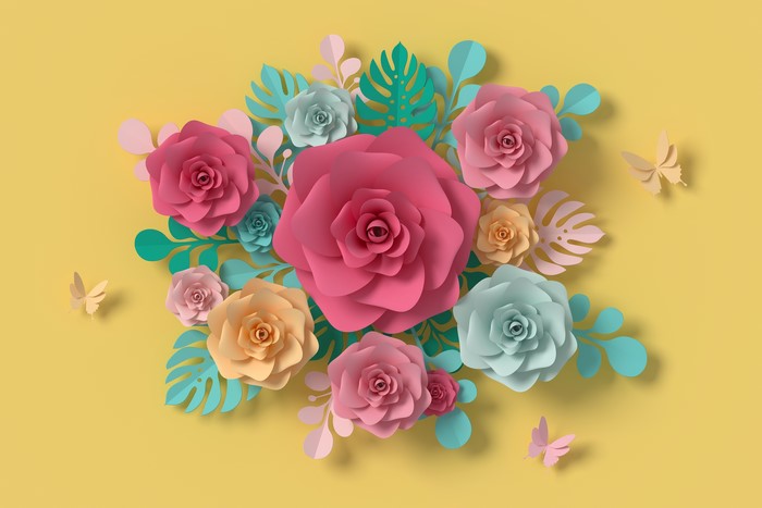 Paper Roses and Butterflies on Yellow Background