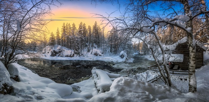 4K Winter River Kitkajoki Kuusamo Finland Snow Forest