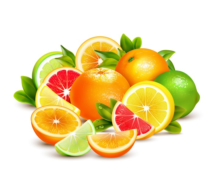 Citrus fruits: grapefruit, lime, lemon, and orange slices with leaves