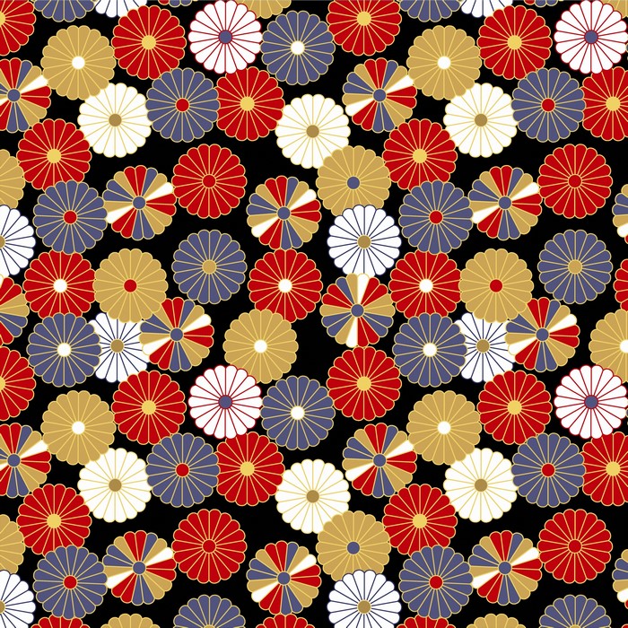 Seamless pattern of Japanese chrysanthemum flowers in red, gold, and blue