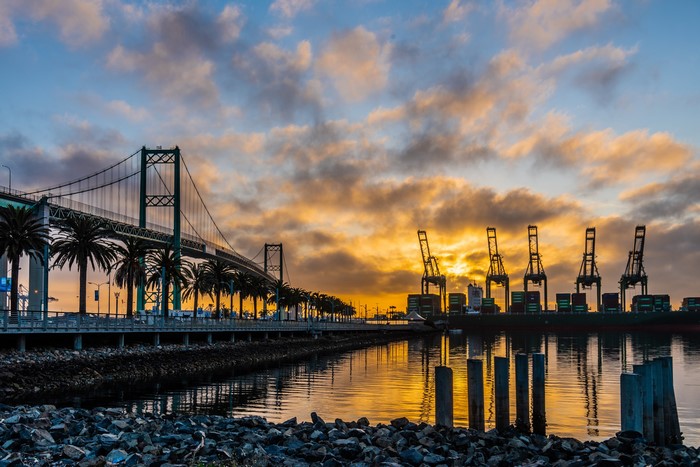 Vincent Thomas Bridge and Port of Los Angeles at Sunset