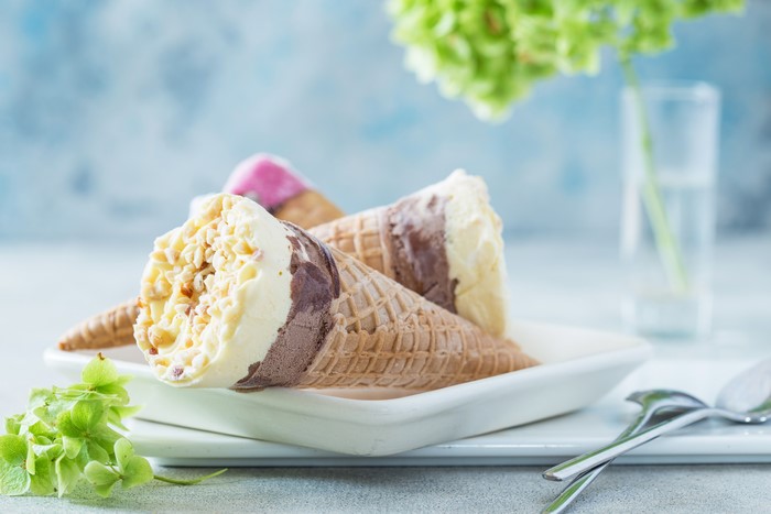 Ice cream cones with chocolate and vanilla flavors