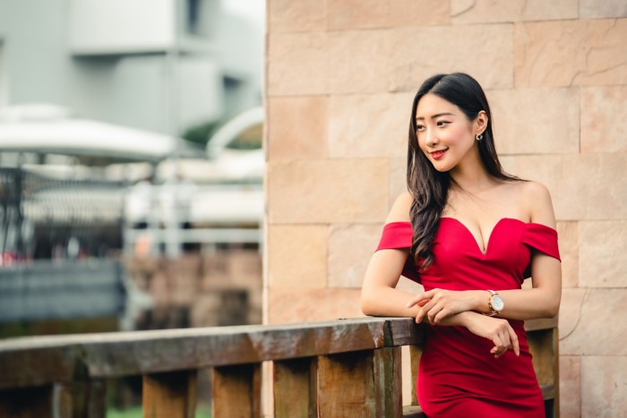 Elegant Asian Woman in Red Dress 4K