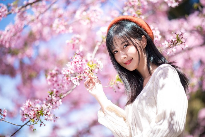 Spring Blossoms with Brunette Girl in Beret