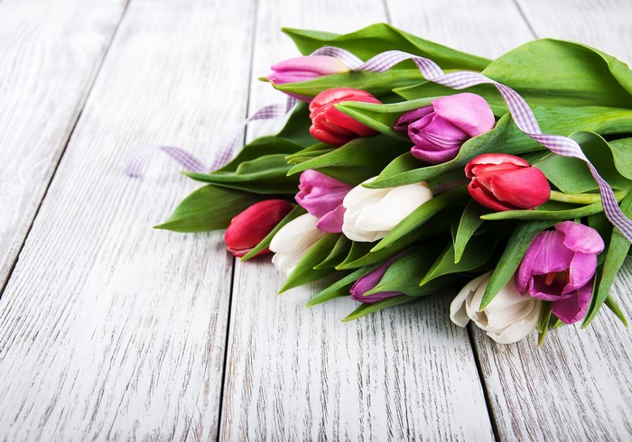 Bouquet of Tulips on Wood Planks