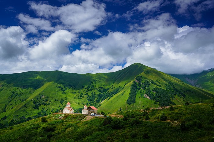 Amaglebis Church and Mountains in Gudauri, Georgia