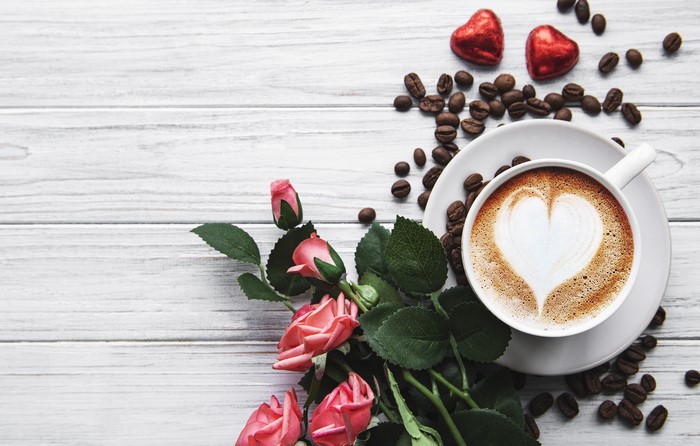 Coffee with Roses and Heart Candies