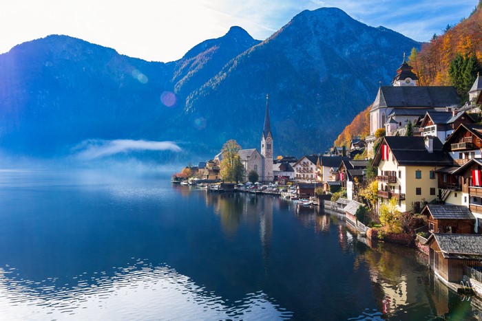 Hallstatt Village and Alps Reflected in Lake