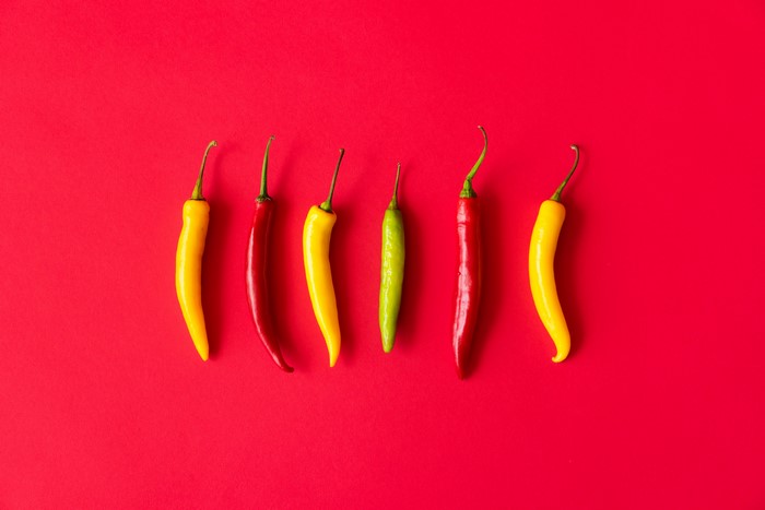 Chili peppers on red background