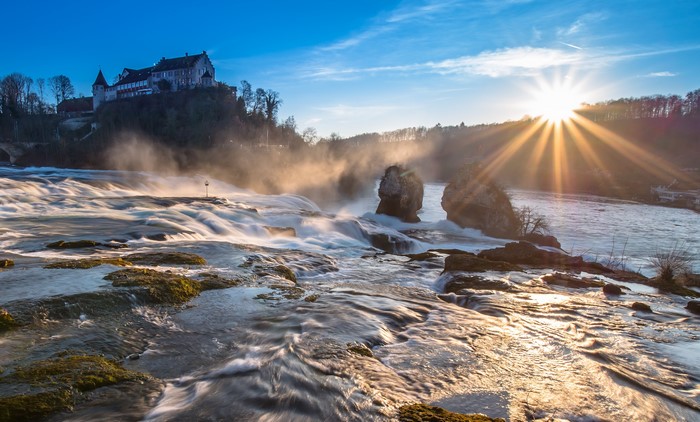 Rheinfall Schaffhausen Switzerland Morning Sun Rays