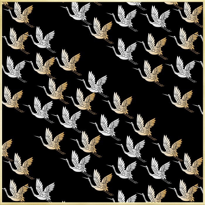 Japanese style cranes flying on a black background
