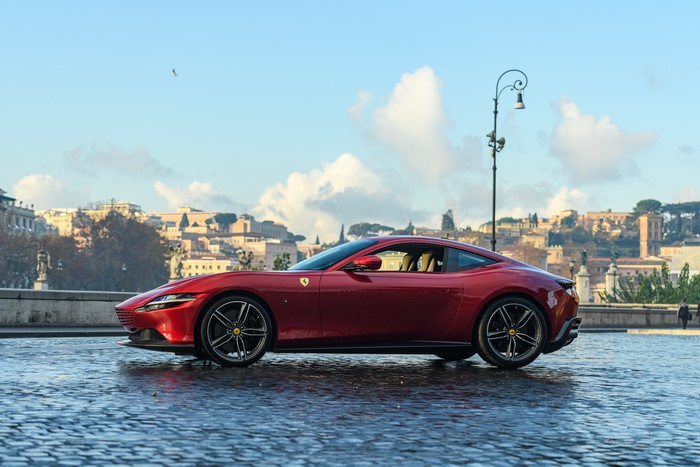 Red 2020 Ferrari Roma Coupe Side View
