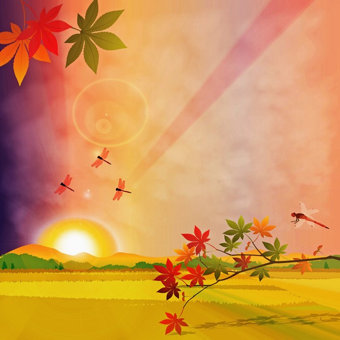 Autumn landscape with dragonflies and maple leaves