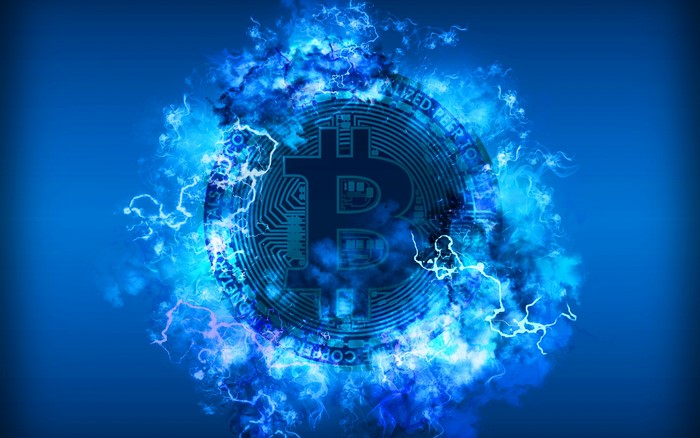 Bitcoin coin with blue lightning and smoke
