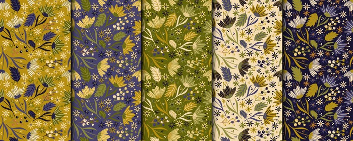 Floral patterns with yellow, blue, green, and cream backgrounds
