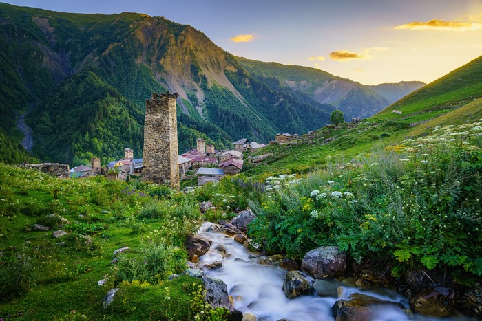 Adishi village with stone towers in Upper Svaneti, Georgia
